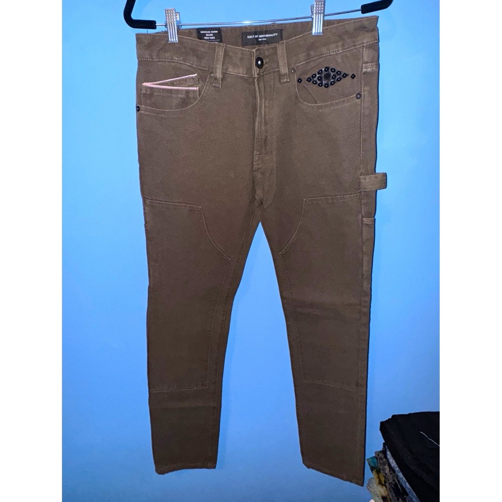 Cult of Individuality Heritage Denim Slim Brown Studded Biker Jeans 29/33